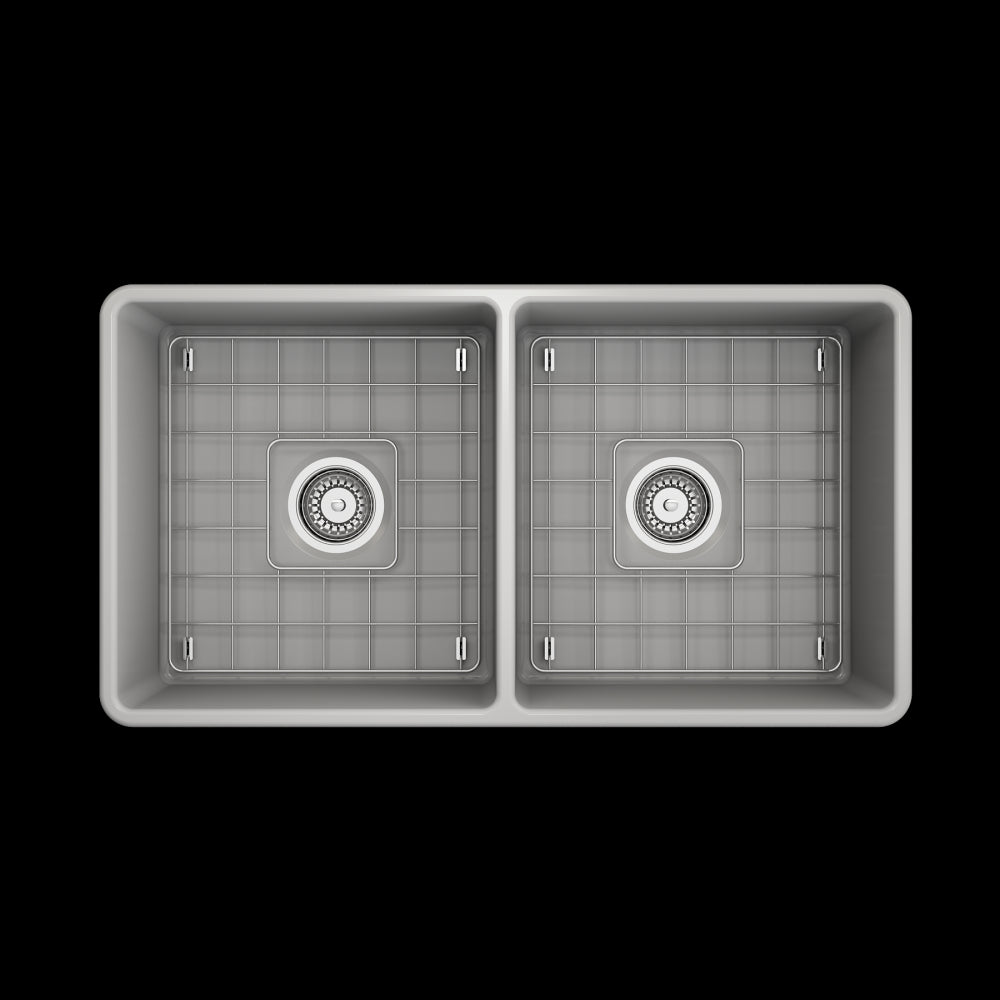 Farmhouse Apron Front Fireclay 33 in. Double Bowl Kitchen Sink with Protective Bottom Grids and Strainers in Matte Gray