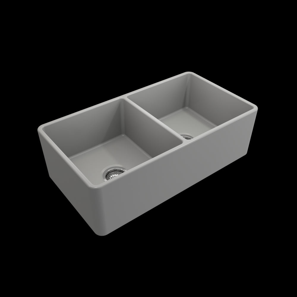 Farmhouse Apron Front Fireclay 33 in. Double Bowl Kitchen Sink with Protective Bottom Grids and Strainers in Matte Gray