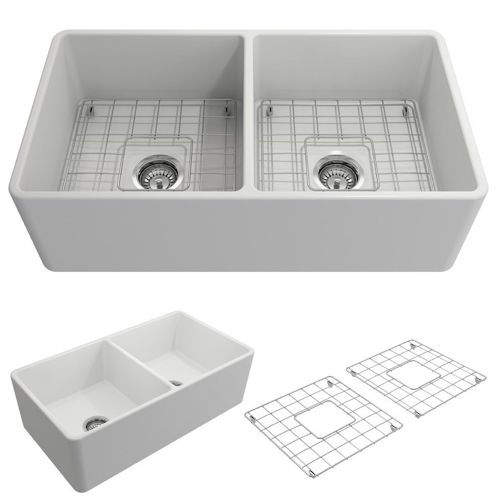 Farmhouse Apron Front Fireclay 33 in. Double Bowl Kitchen Sink with Protective Bottom Grids and Strainers in Matte White