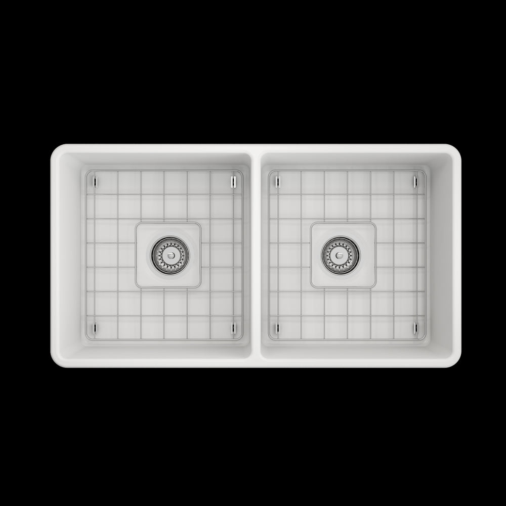Farmhouse Apron Front Fireclay 33 in. Double Bowl Kitchen Sink with Protective Bottom Grids and Strainers in Matte White