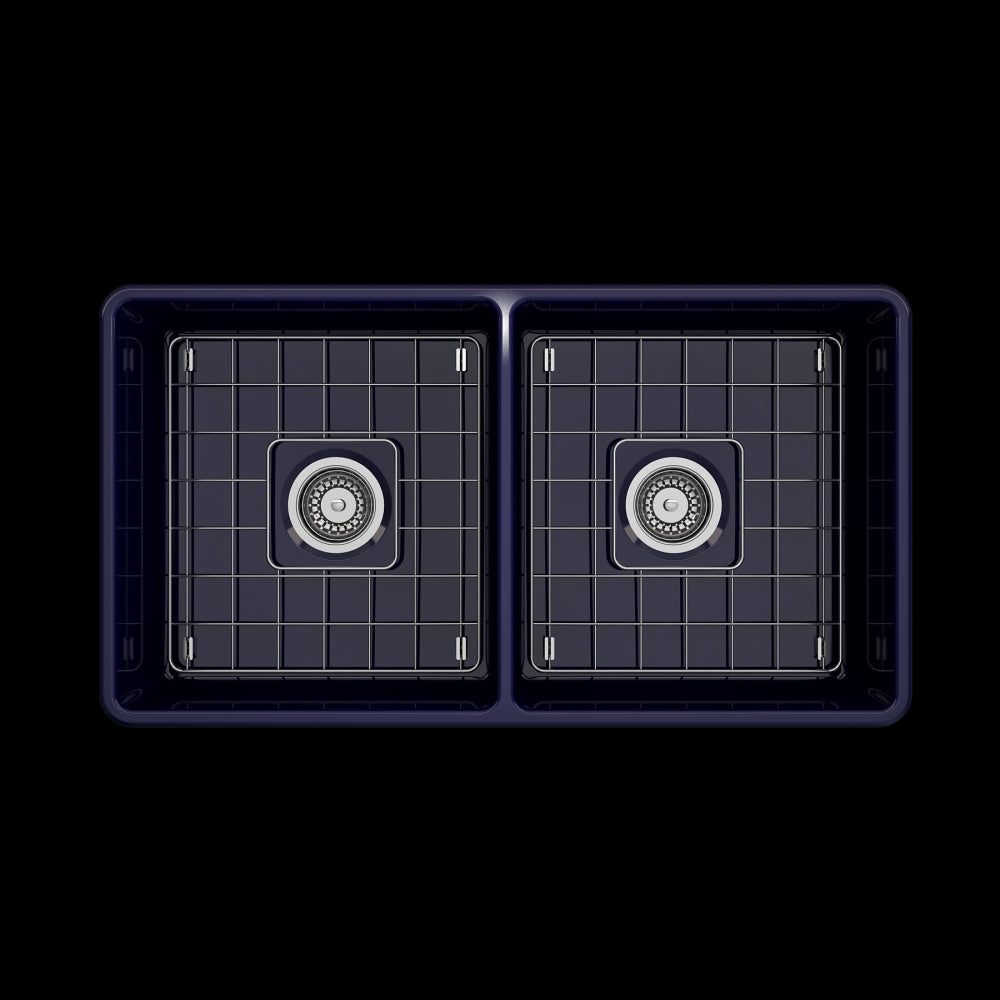 Farmhouse Apron Front Fireclay 33 in. Double Bowl Kitchen Sink with Protective Bottom Grids and Strainers in Sapphire Blue