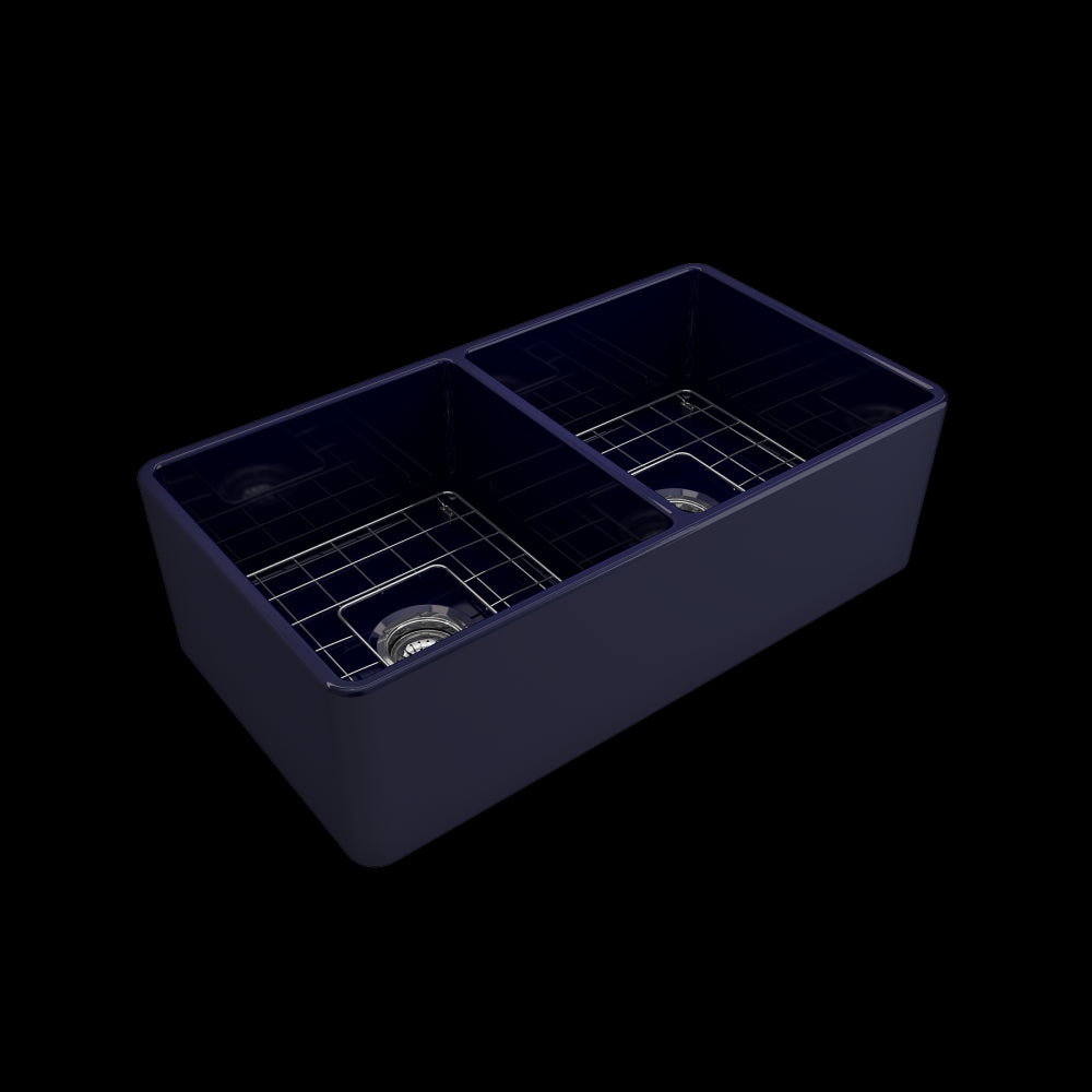Farmhouse Apron Front Fireclay 33 in. Double Bowl Kitchen Sink with Protective Bottom Grids and Strainers in Sapphire Blue