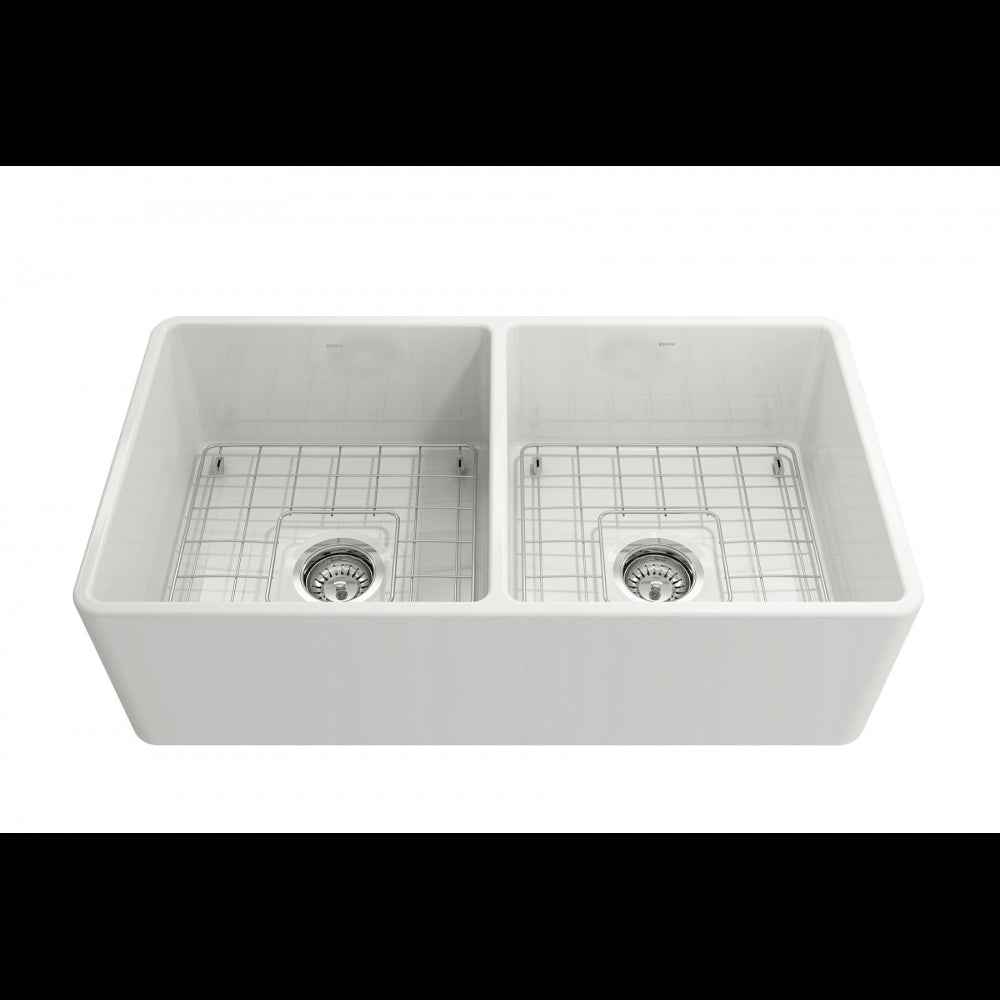Farmhouse Apron Front Fireclay 33 in. Double Bowl Kitchen Sink with Protective Bottom Grids and Strainers in White