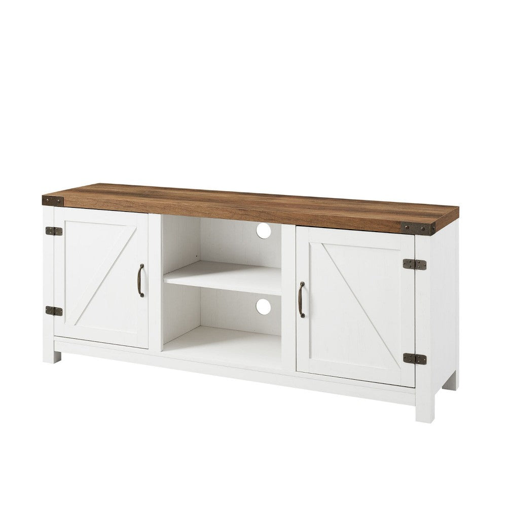 Farmhouse Double Barn Door TV Stand for TVs up to 65" - Rustic Oak/Brushed White