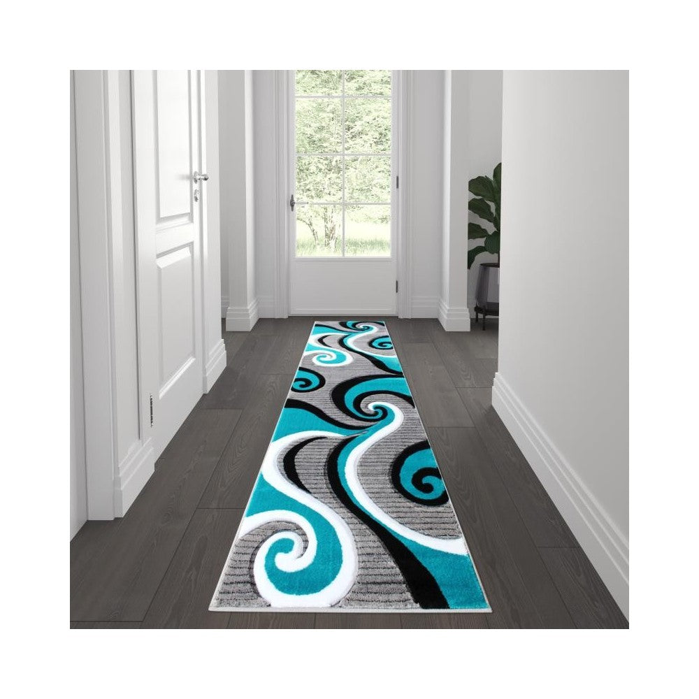 Flash Furniture Athos Collection 2x7 Turquoise Abstract Rug KP-RG952-27-TQ-GG