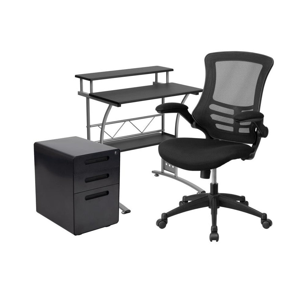Flash Furniture Calder Black Desk, Chair, Cabinet Set BLN-CLIFAPPX5-BK-GG
