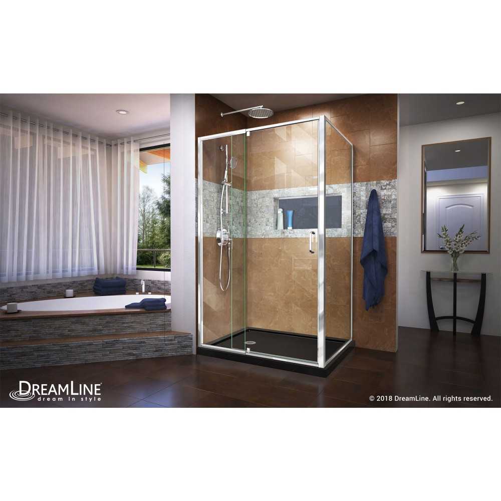 Flex 36 in. D x 48 in. W x 74 3/4 in. H Semi-Frameless Pivot Shower Enclosure in Chrome with Left Drain Black Base Kit