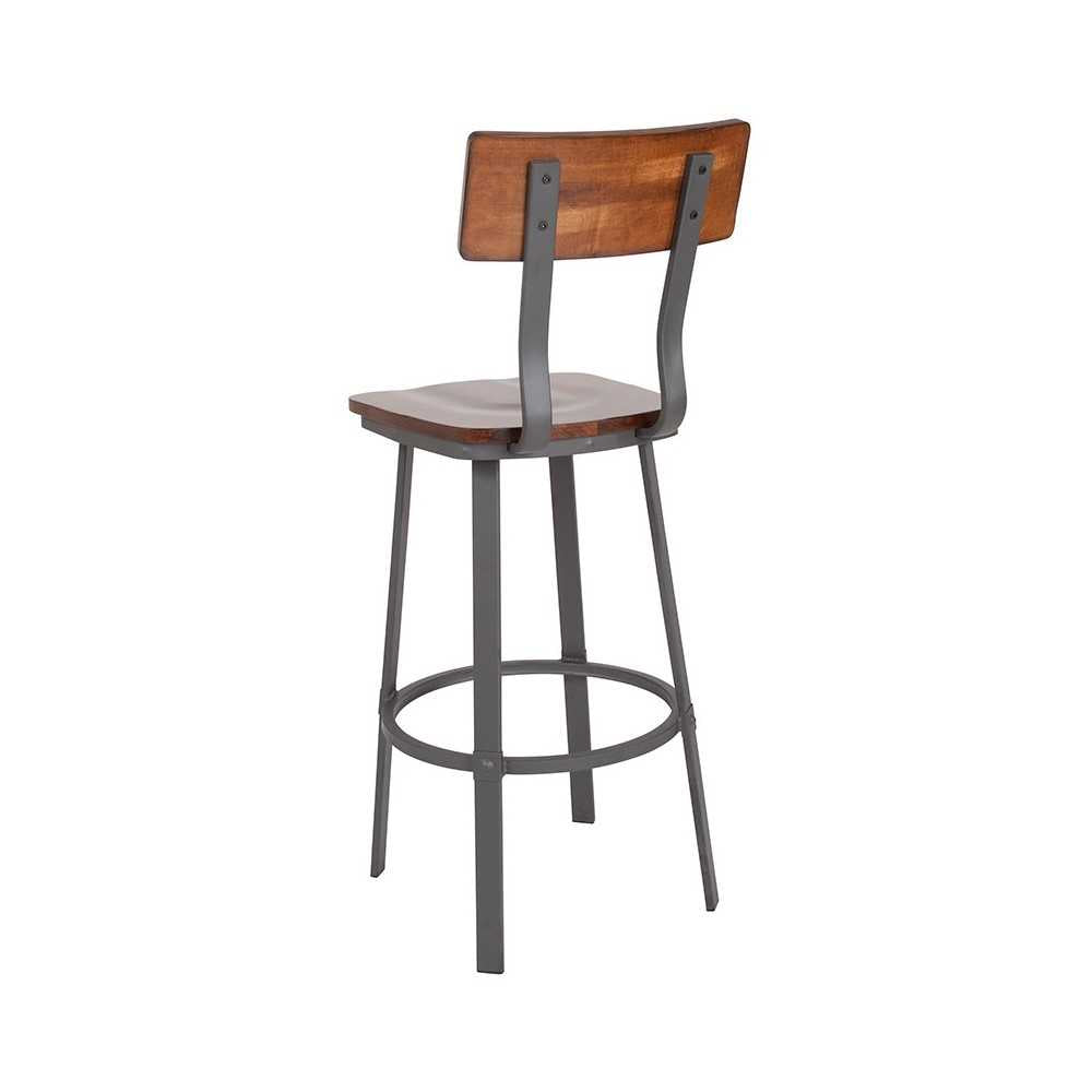 Flint Series Rustic Walnut Restaurant Barstool with Wood Seat & Back and Gray Powder Coat Frame