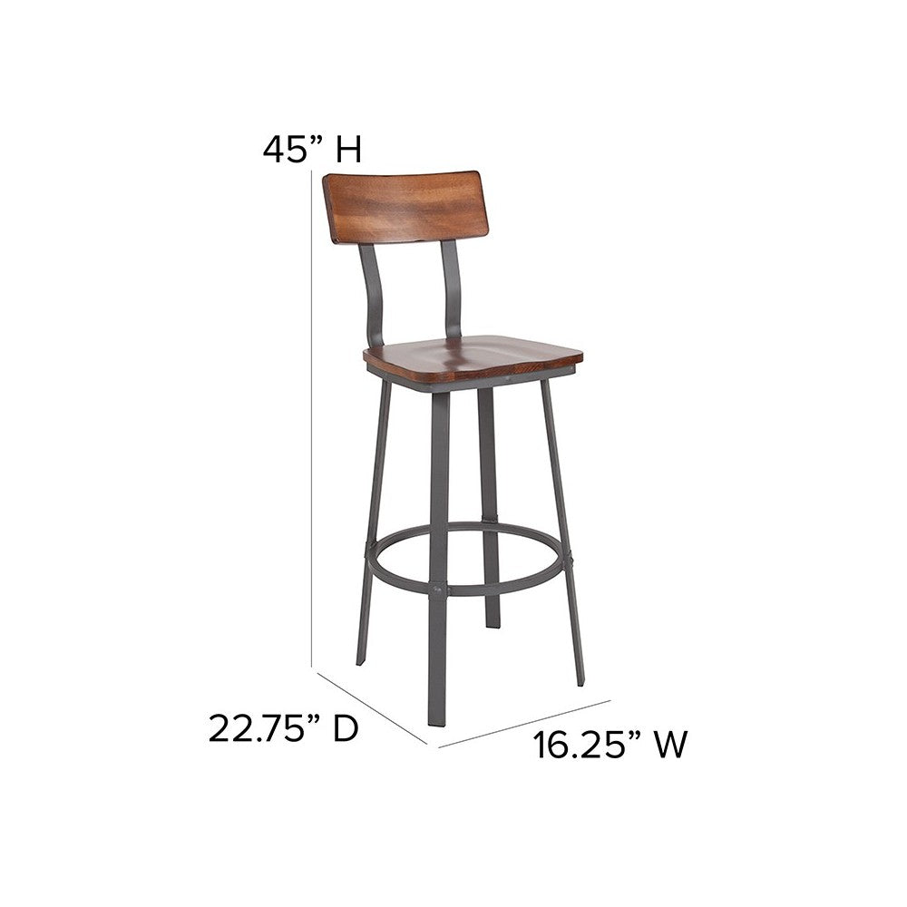 Flint Series Rustic Walnut Restaurant Barstool with Wood Seat & Back and Gray Powder Coat Frame