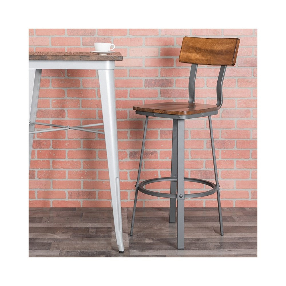 Flint Series Rustic Walnut Restaurant Barstool with Wood Seat & Back and Gray Powder Coat Frame
