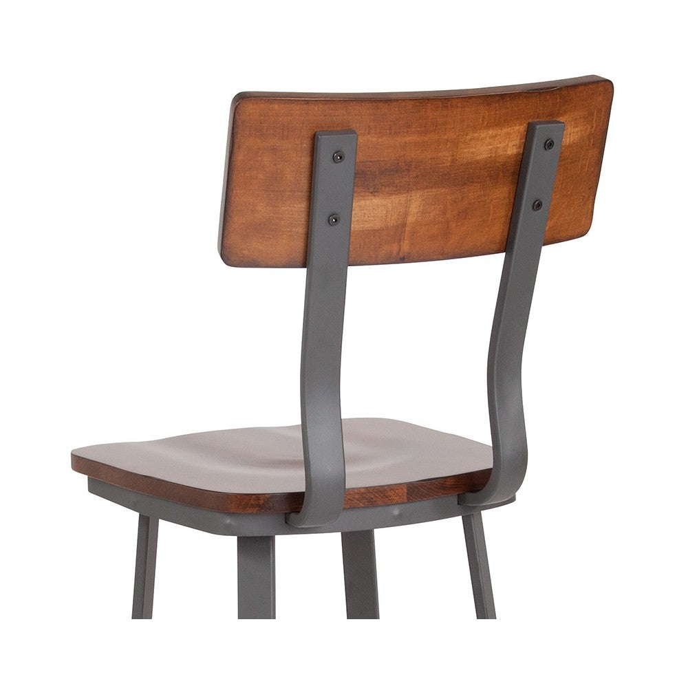 Flint Series Rustic Walnut Restaurant Barstool with Wood Seat & Back and Gray Powder Coat Frame