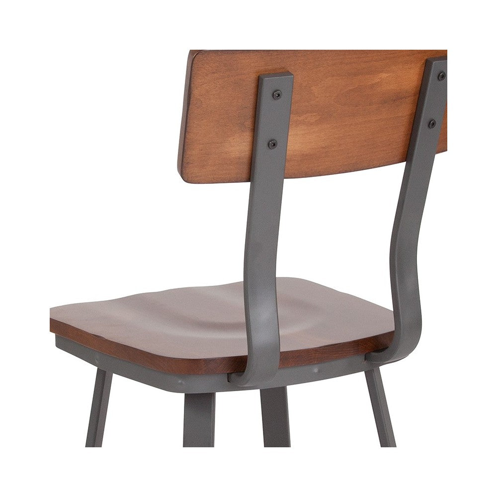 Flint Series Rustic Walnut Restaurant Chair with Wood Seat & Back and Gray Powder Coat Frame