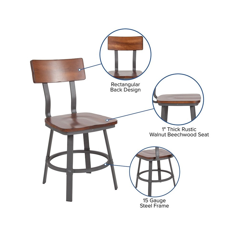 Flint Series Rustic Walnut Restaurant Chair with Wood Seat & Back and Gray Powder Coat Frame