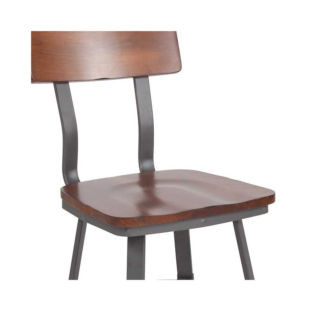 Flint Series Rustic Walnut Restaurant Chair with Wood Seat & Back and Gray Powder Coat Frame