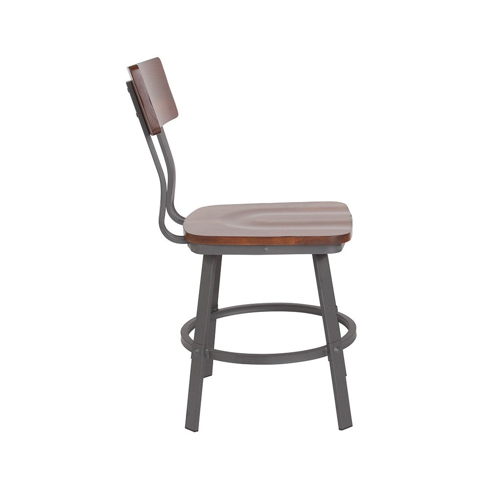 Flint Series Rustic Walnut Restaurant Chair with Wood Seat & Back and Gray Powder Coat Frame