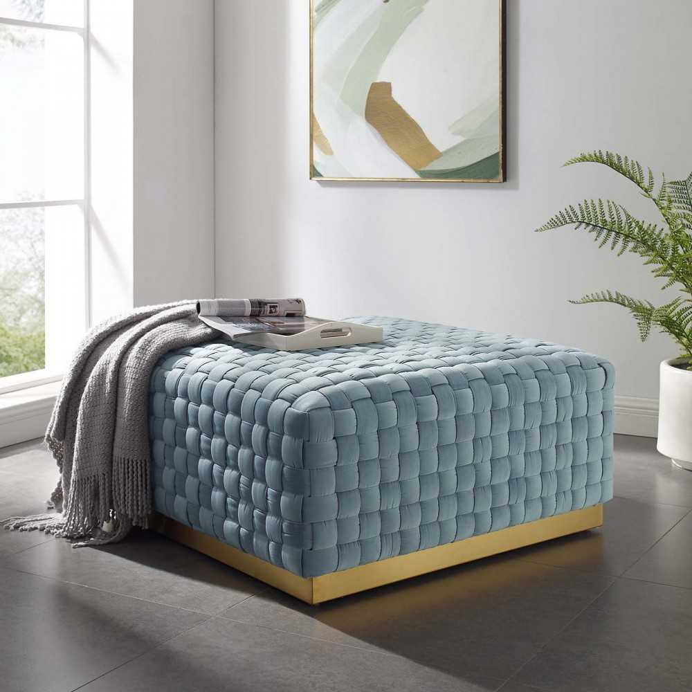 Florence Square Performance Velvet Ottoman, Light Blue