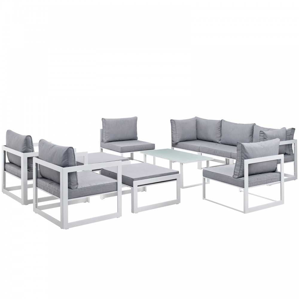 Fortuna 10 Piece Outdoor Patio Sectional Sofa Set, White Gray