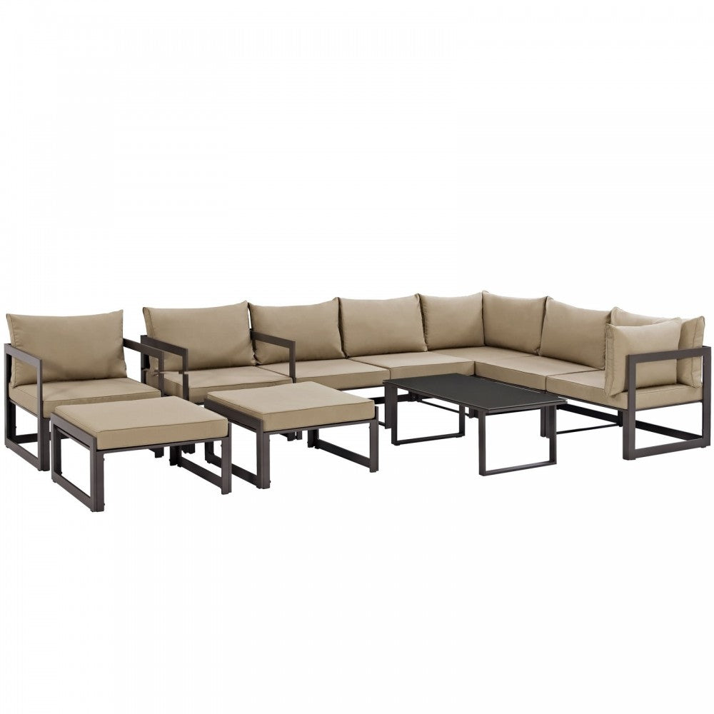 Fortuna 10 Piece Outdoor Patio Sectional Sofa Set, Brown Mocha