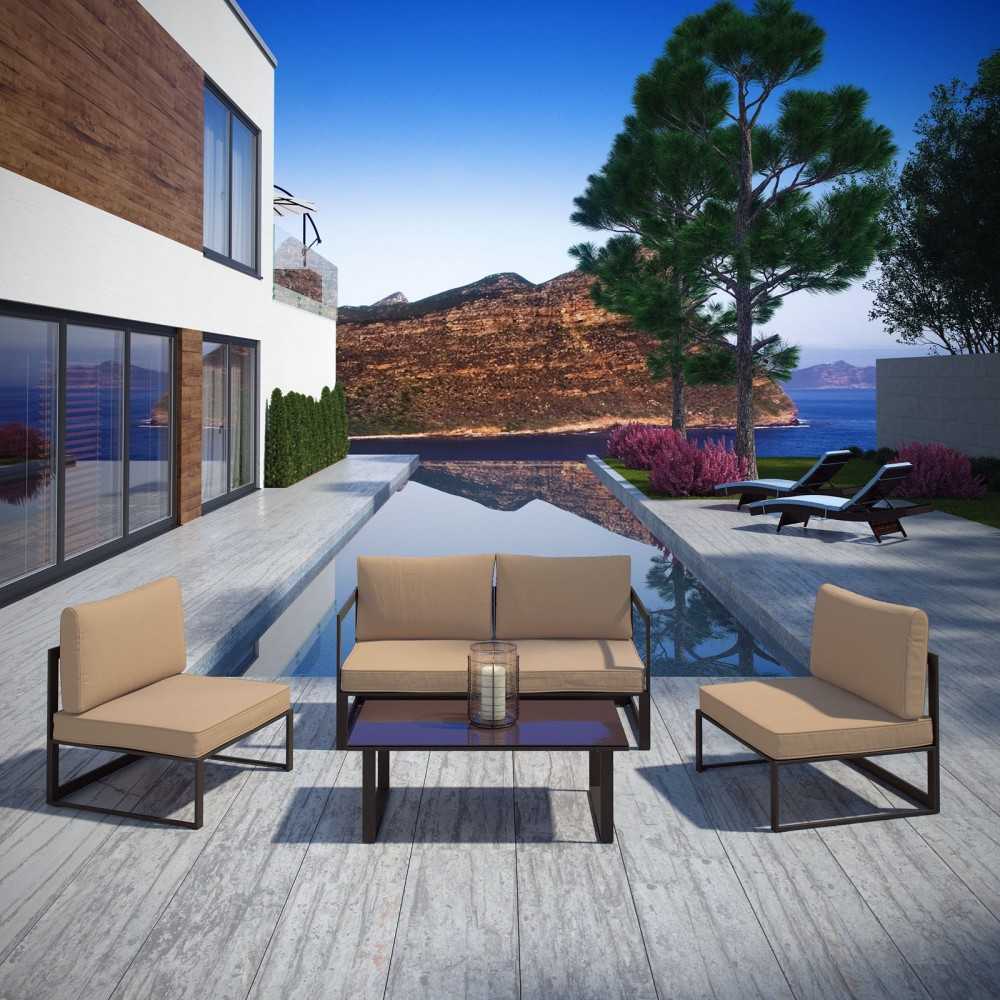 Fortuna 5 Piece Outdoor Patio Sectional Sofa Set, Brown Mocha, EEI-1724-BRN-MOC-SET