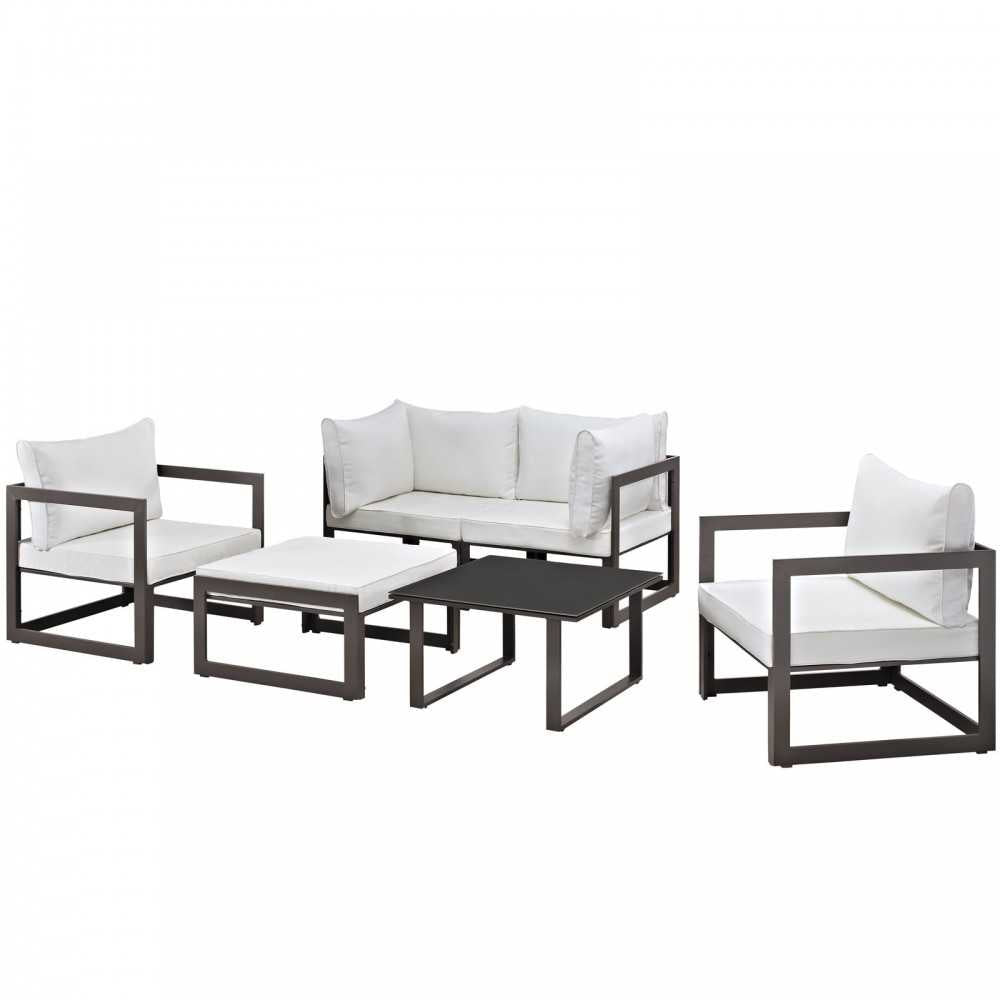 Fortuna 6 Piece Outdoor Patio Sectional Sofa Set, Brown White, EEI-1723-BRN-WHI-SET