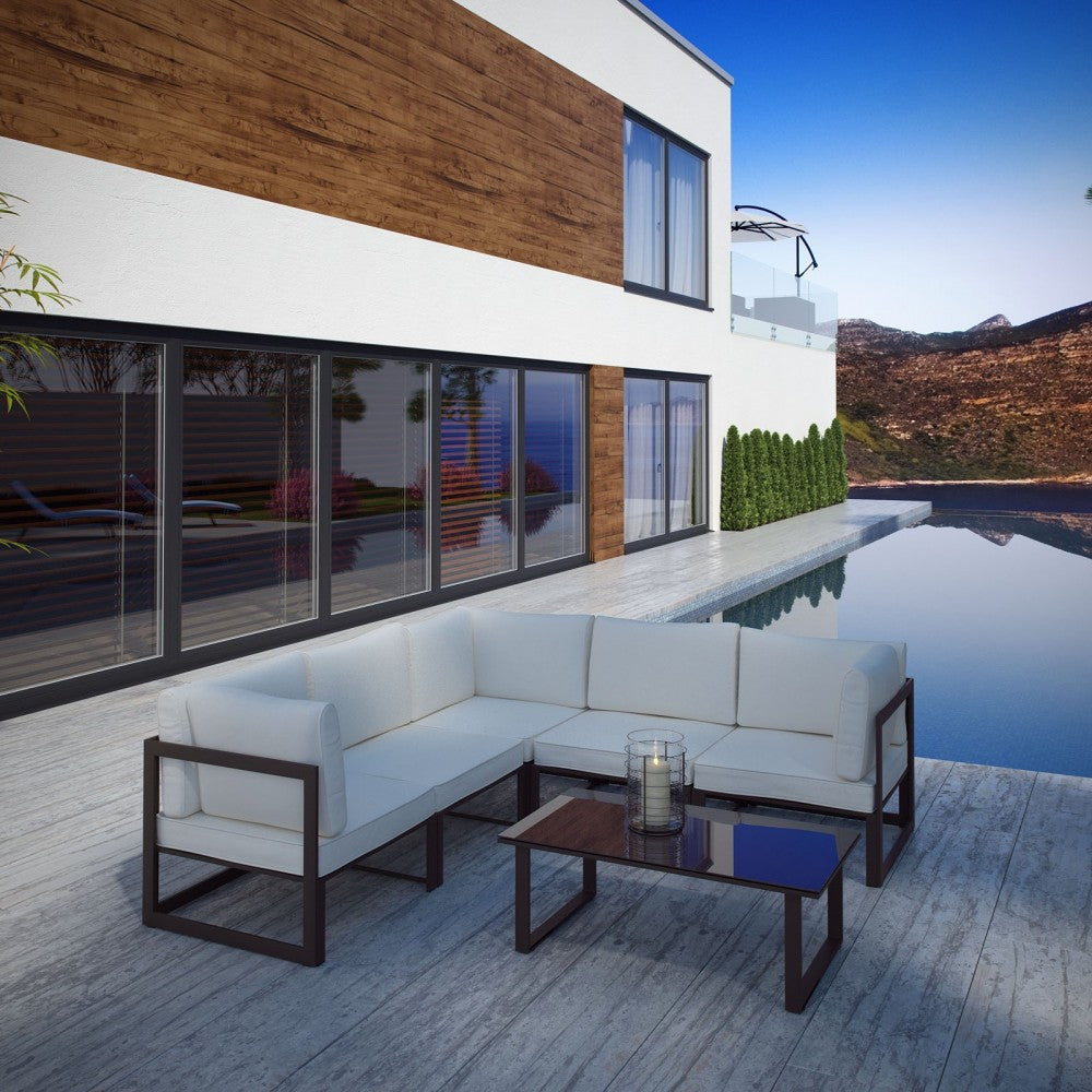 Fortuna 6 Piece Outdoor Patio Sectional Sofa Set, Brown White, EEI-1732-BRN-WHI-SET