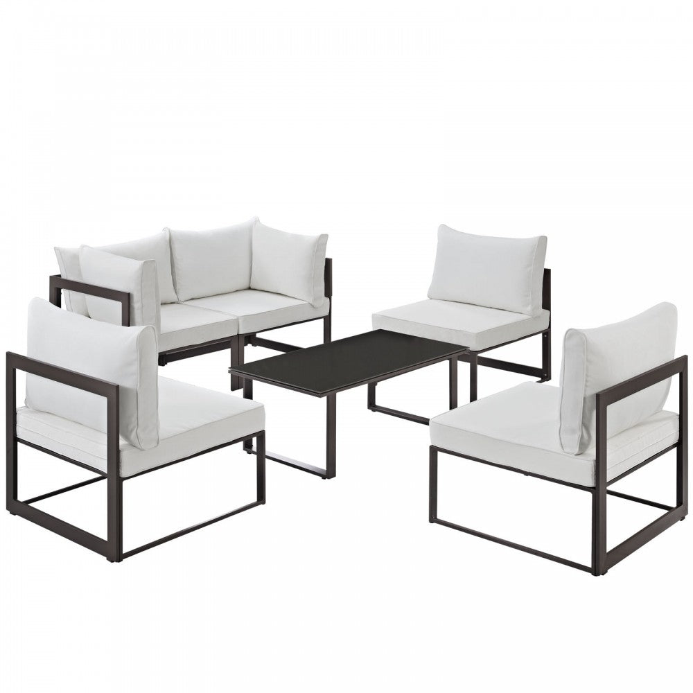 Fortuna 6 Piece Outdoor Patio Sectional Sofa Set, Brown White, EEI-1726-BRN-WHI-SET