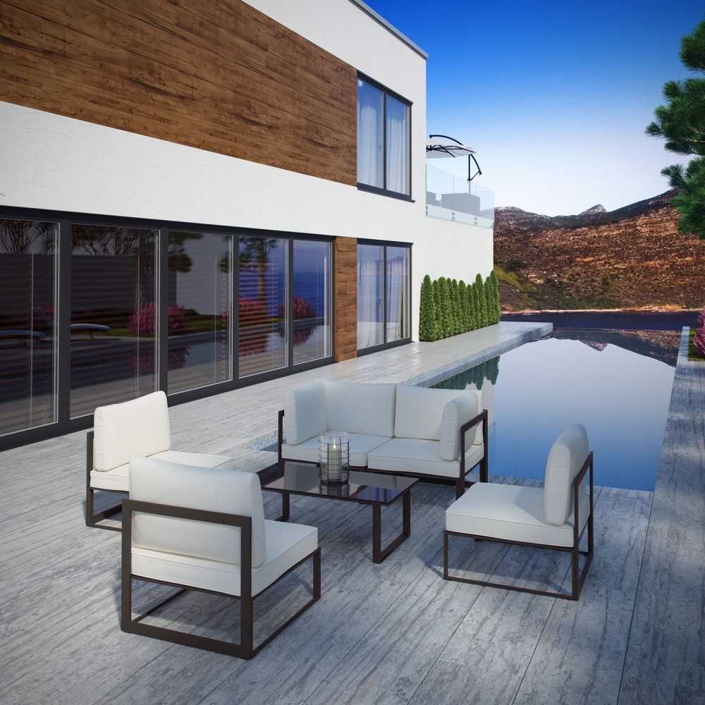 Fortuna 6 Piece Outdoor Patio Sectional Sofa Set, Brown White, EEI-1726-BRN-WHI-SET