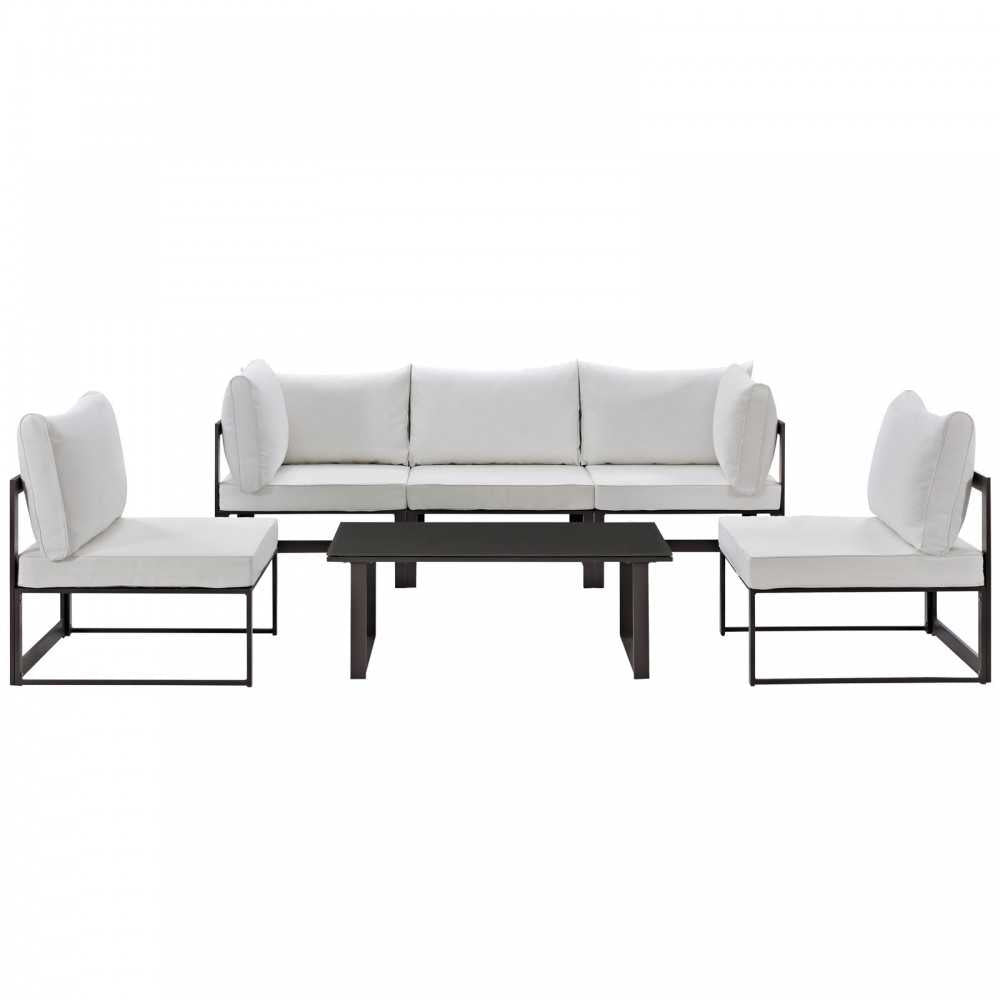 Fortuna 6 Piece Outdoor Patio Sectional Sofa Set, Brown White, EEI-1726-BRN-WHI-SET