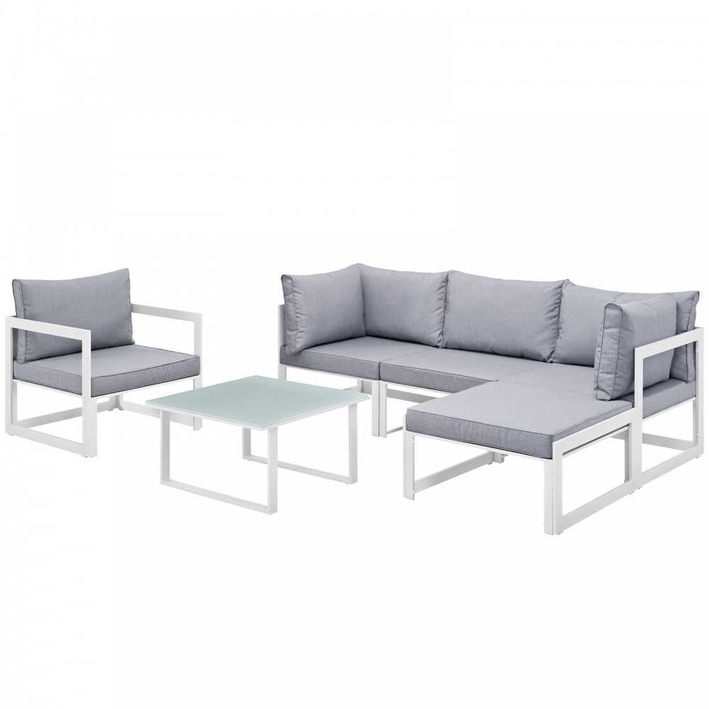 Fortuna 6 Piece Outdoor Patio Sectional Sofa Set, White Gray, EEI-1731-WHI-GRY-SET