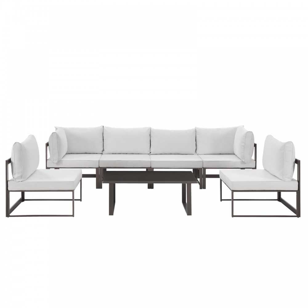 Fortuna 7 Piece Outdoor Patio Sectional Sofa Set, Brown White, EEI-1729-BRN-WHI-SET