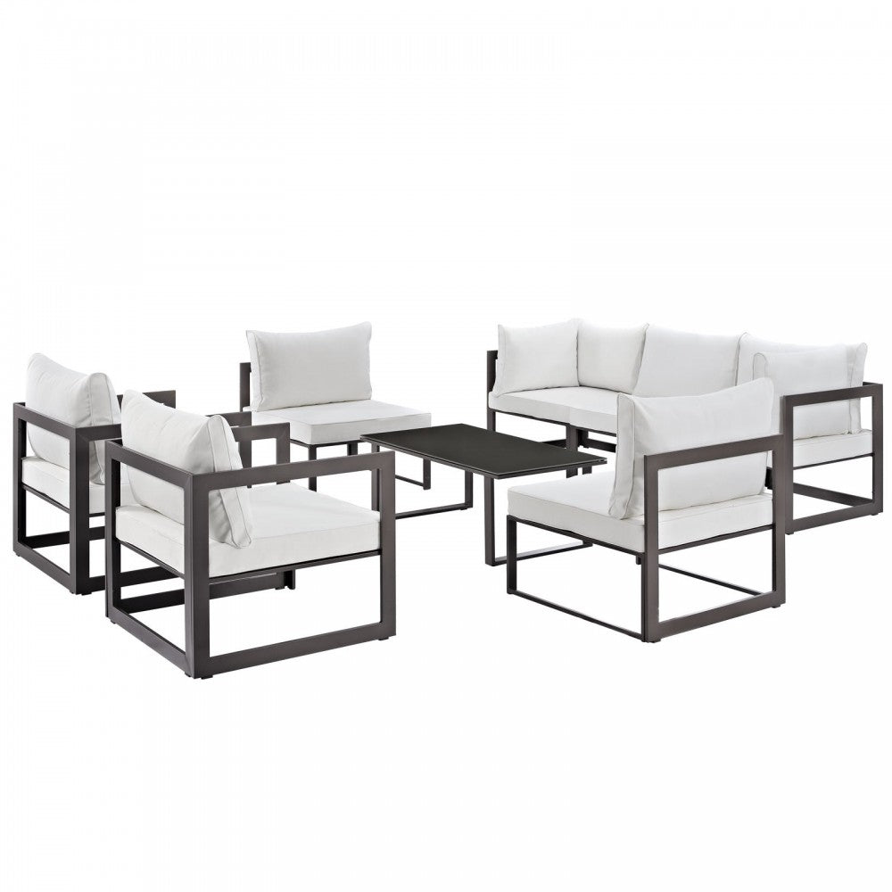 Fortuna 8 Piece Outdoor Patio Sectional Sofa Set, Brown White, EEI-1725-BRN-WHI-SET