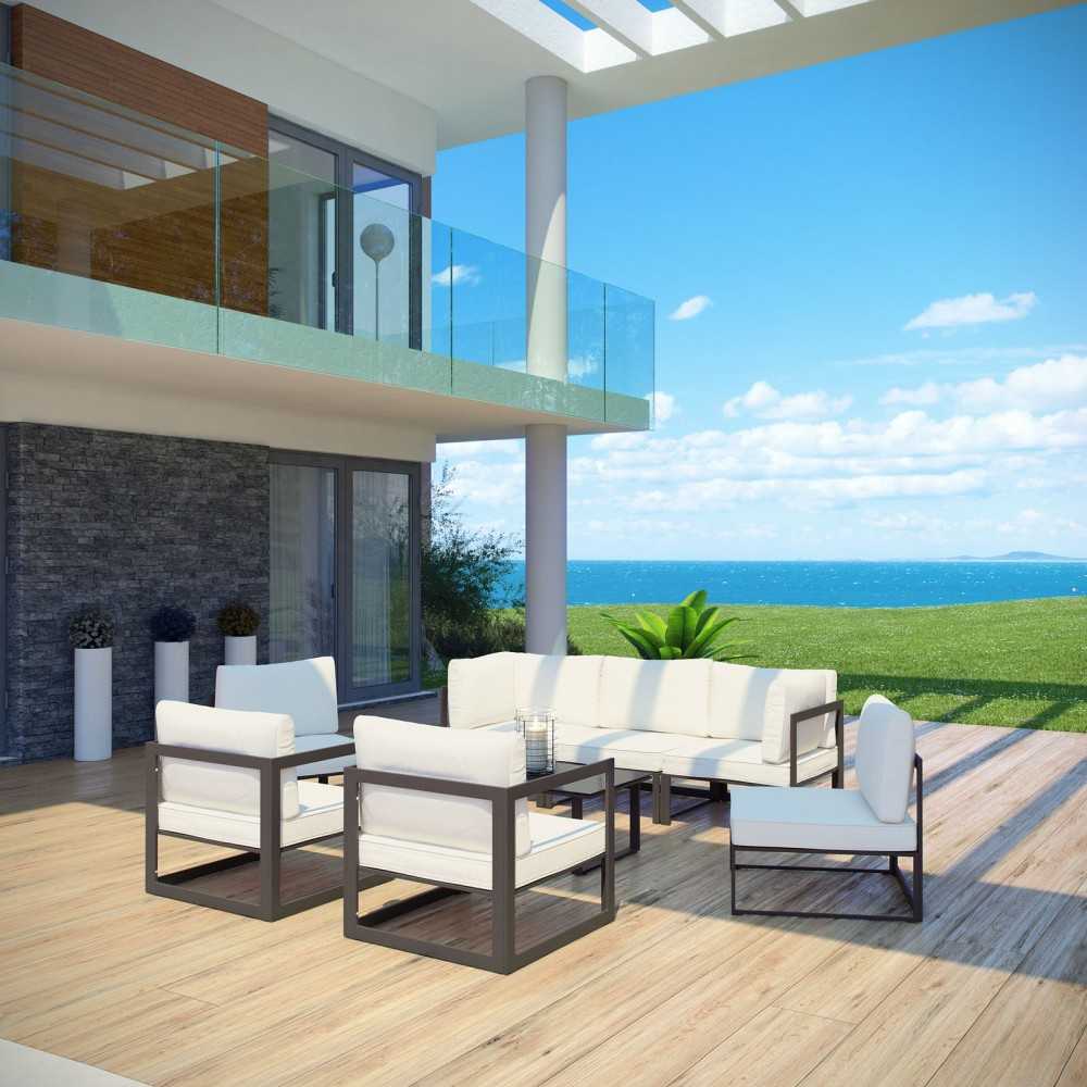Fortuna 8 Piece Outdoor Patio Sectional Sofa Set, Brown White, EEI-1725-BRN-WHI-SET