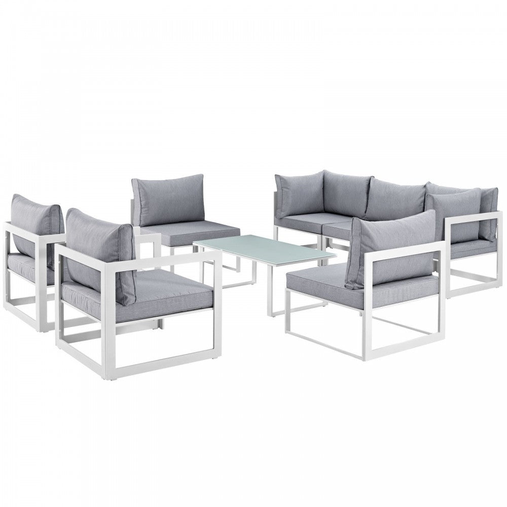 Fortuna 8 Piece Outdoor Patio Sectional Sofa Set, White Gray, EEI-1725-WHI-GRY-SET