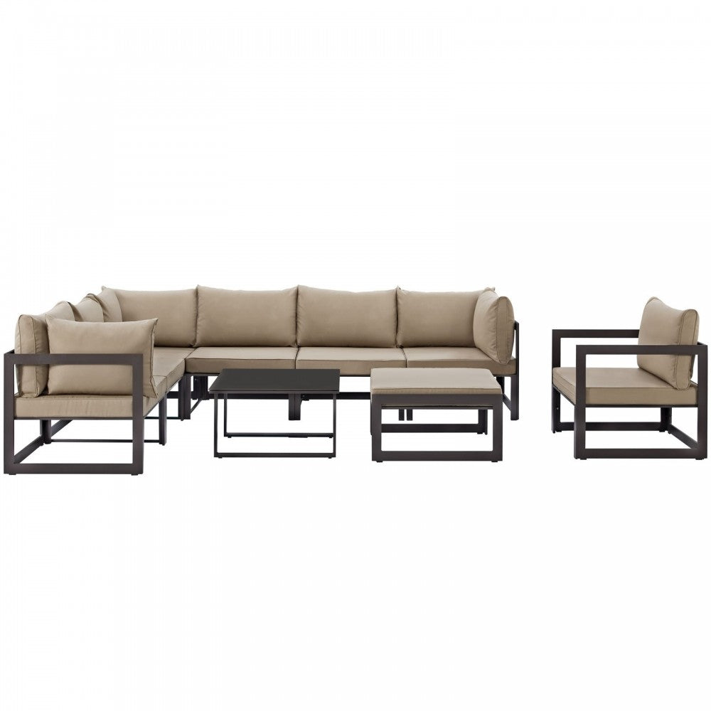 Fortuna 9 Piece Outdoor Patio Sectional Sofa Set, Brown Mocha, EEI-1734-BRN-MOC-SET