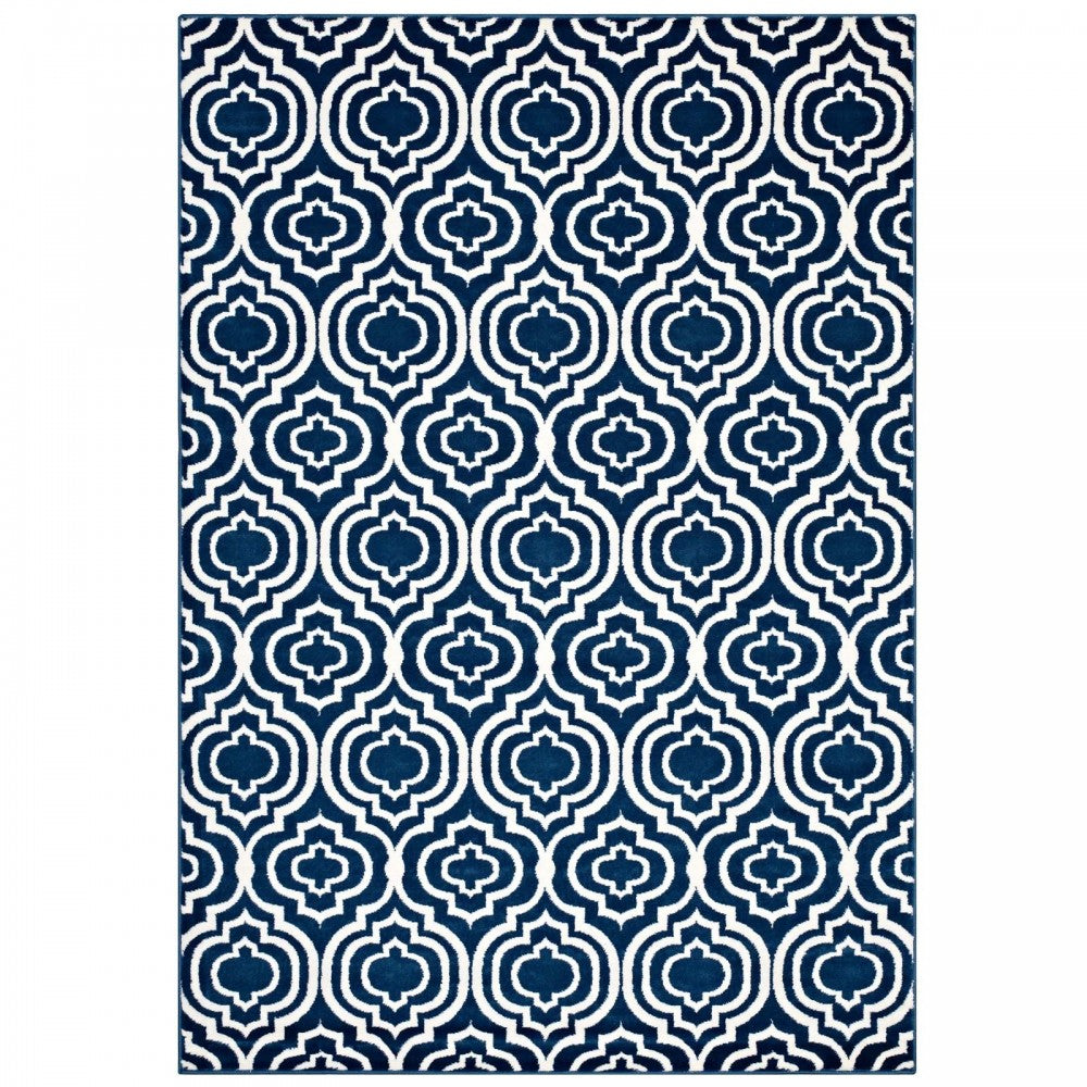 Frame Transitional Moroccan Trellis 5x8 Area Rug, Morcoccan Blue and Ivory