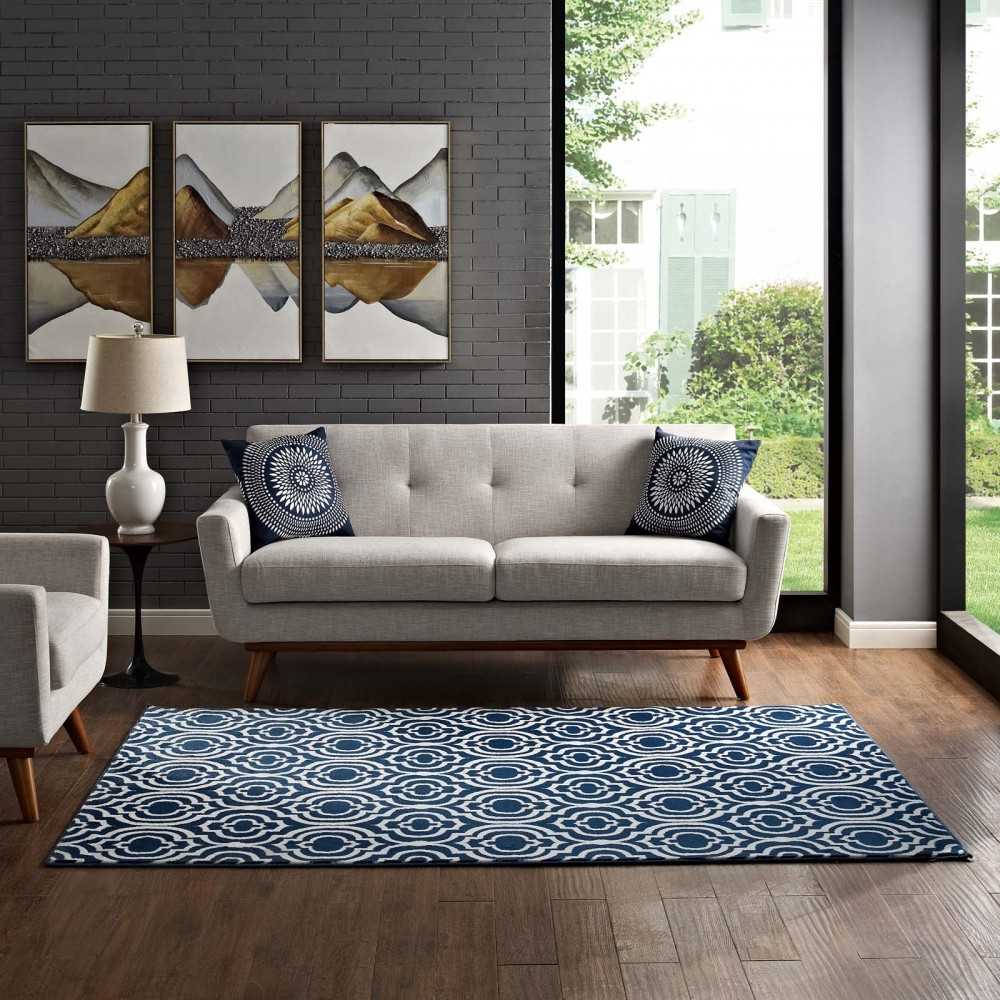 Frame Transitional Moroccan Trellis 5x8 Area Rug, Morcoccan Blue and Ivory