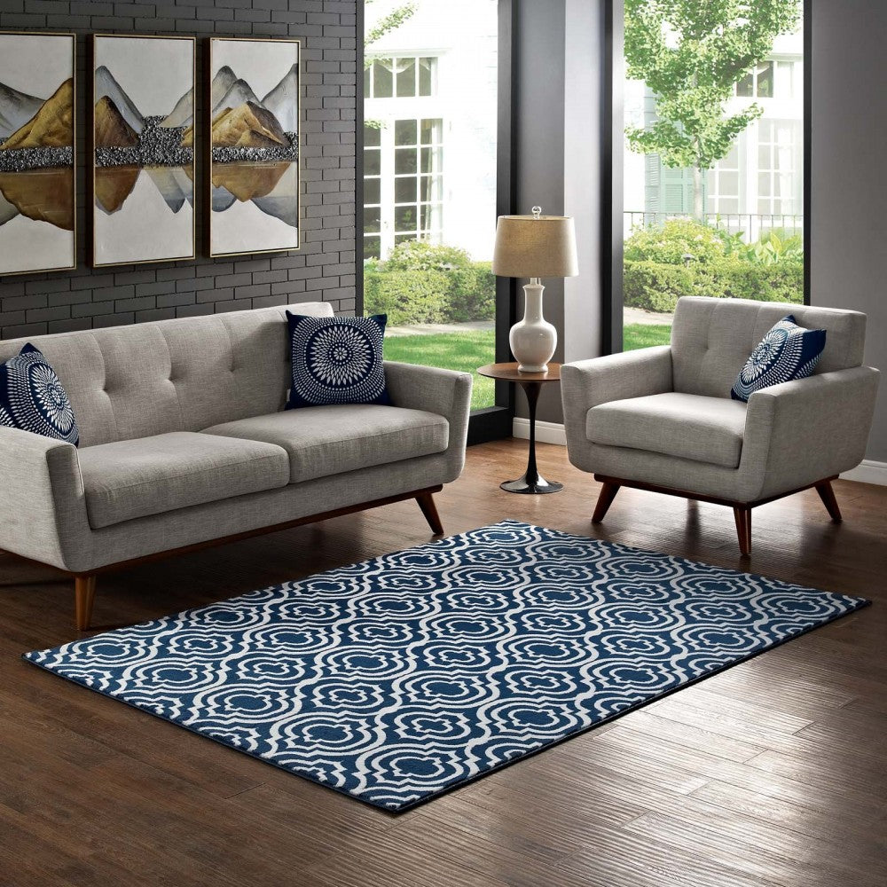 Frame Transitional Moroccan Trellis 5x8 Area Rug, Morcoccan Blue and Ivory
