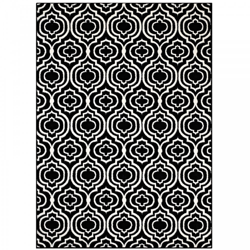 Frame Transitional Moroccan Trellis 5x8 Area Rug, Black and White