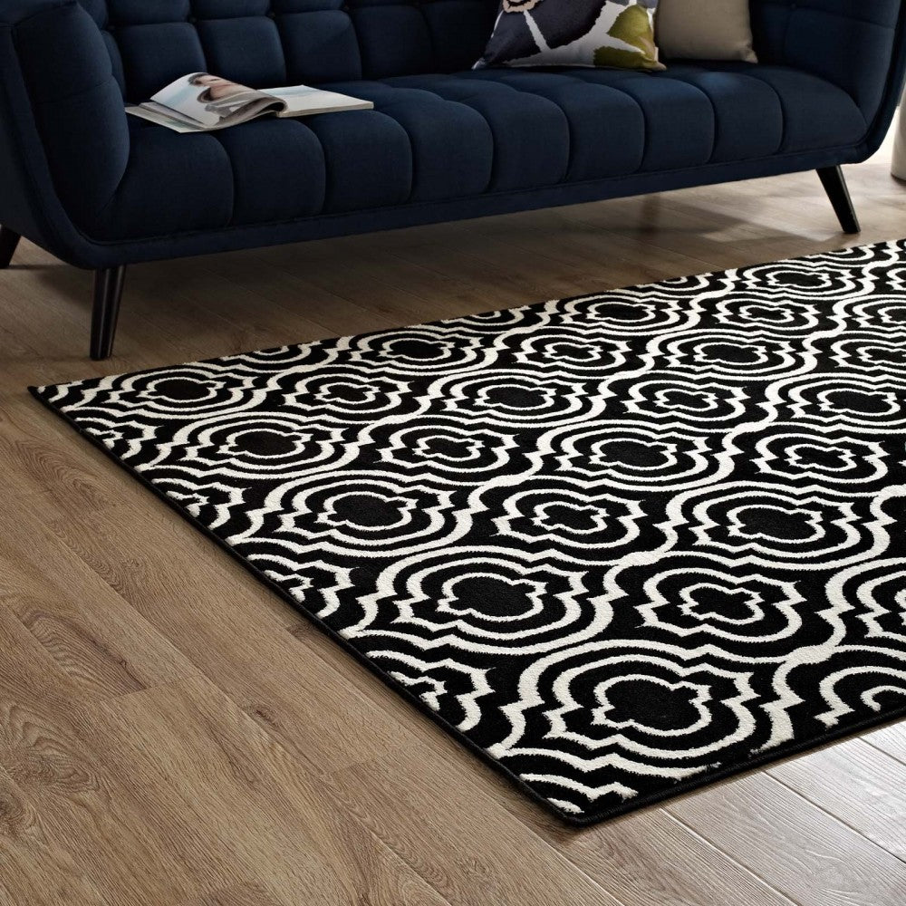 Frame Transitional Moroccan Trellis 5x8 Area Rug, Black and White