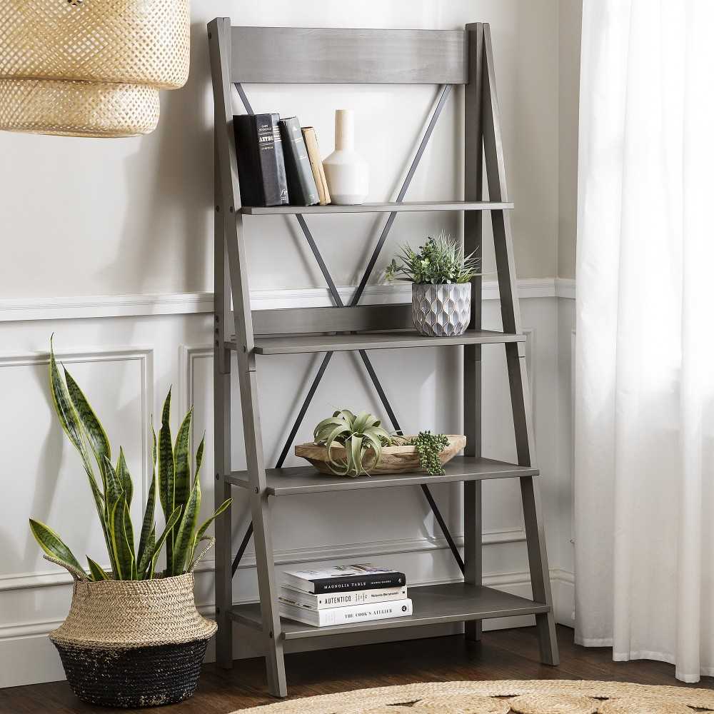 Frankie 68" Solid Wood Ladder Bookshelf - Gray