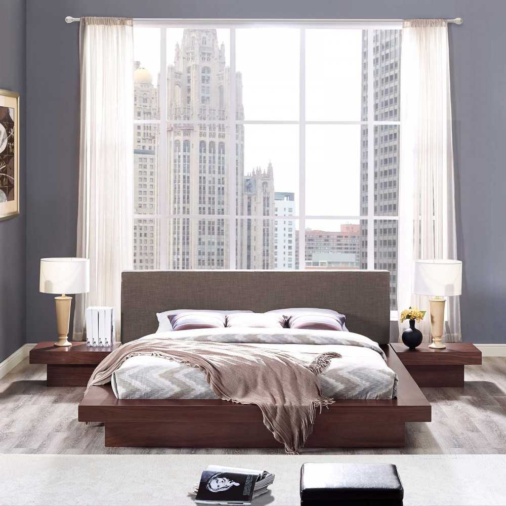 Freja 3 Piece Queen Fabric Bedroom Set, White, MOD-5492-WAL-BRN-SET