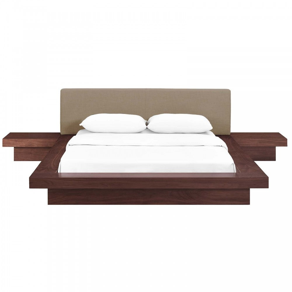 Freja 3 Piece Queen Fabric Bedroom Set, Walnut Latte