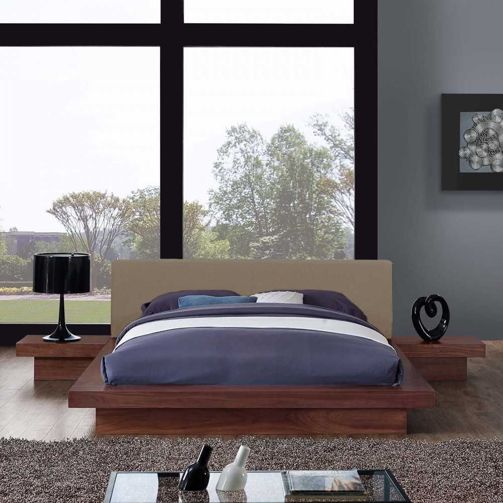Freja 3 Piece Queen Fabric Bedroom Set, Walnut Latte
