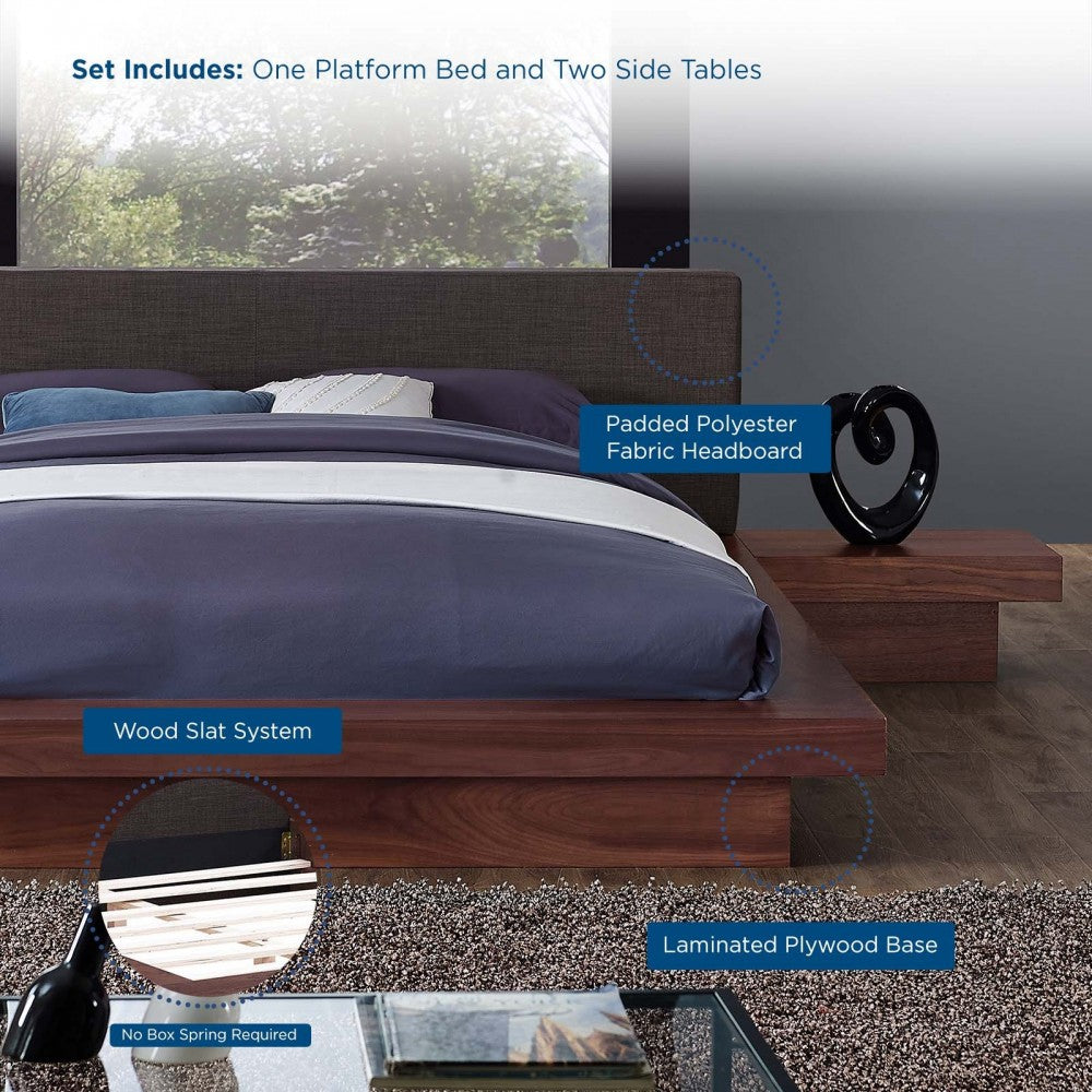 Freja 3 Piece Queen Fabric Bedroom Set, Walnut Latte