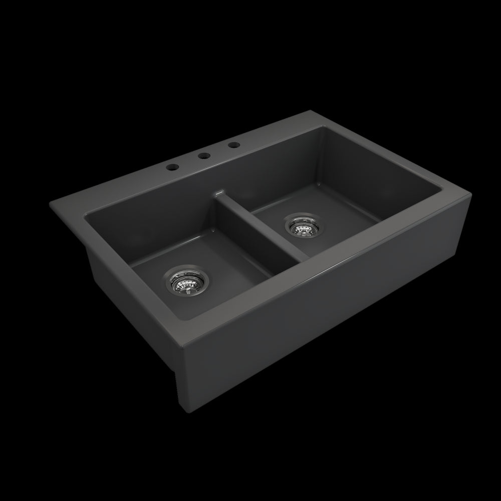 Front Drop-In Fireclay 34 in. 50/50 Double Bowl Kitchen Sink with Protective Bottom Grids and Strainers in Matte Dark Gray