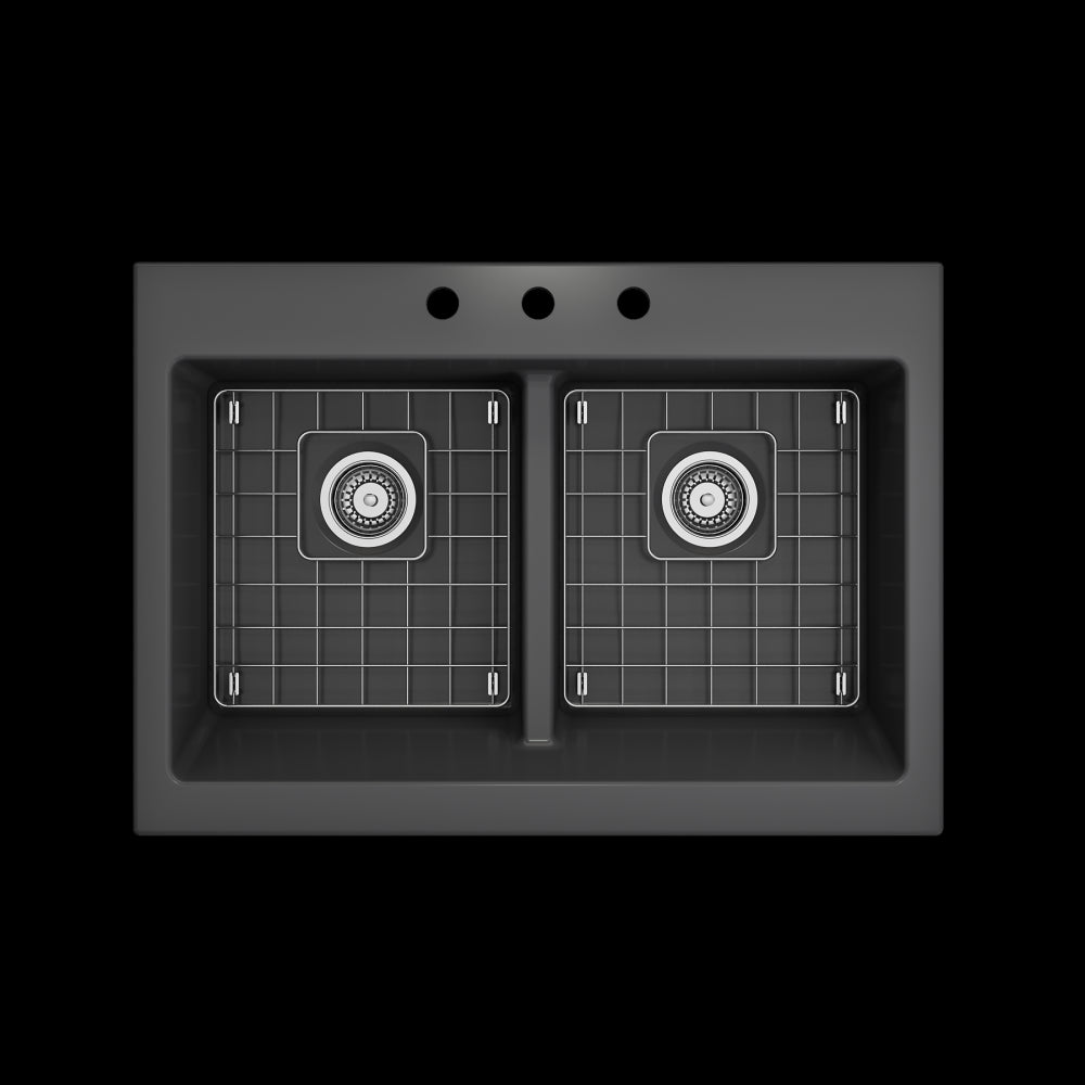 Front Drop-In Fireclay 34 in. 50/50 Double Bowl Kitchen Sink with Protective Bottom Grids and Strainers in Matte Dark Gray