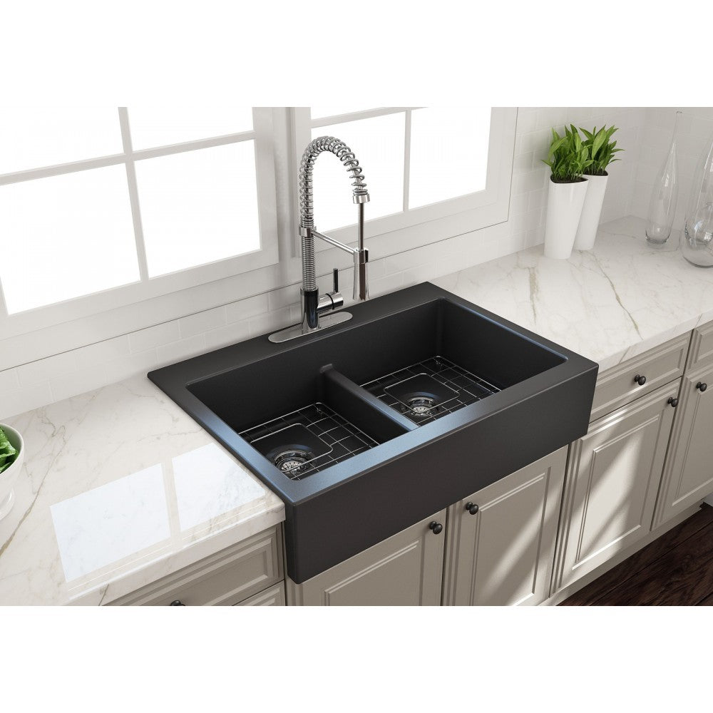 Front Drop-In Fireclay 34 in. 50/50 Double Bowl Kitchen Sink with Protective Bottom Grids and Strainers in Matte Dark Gray