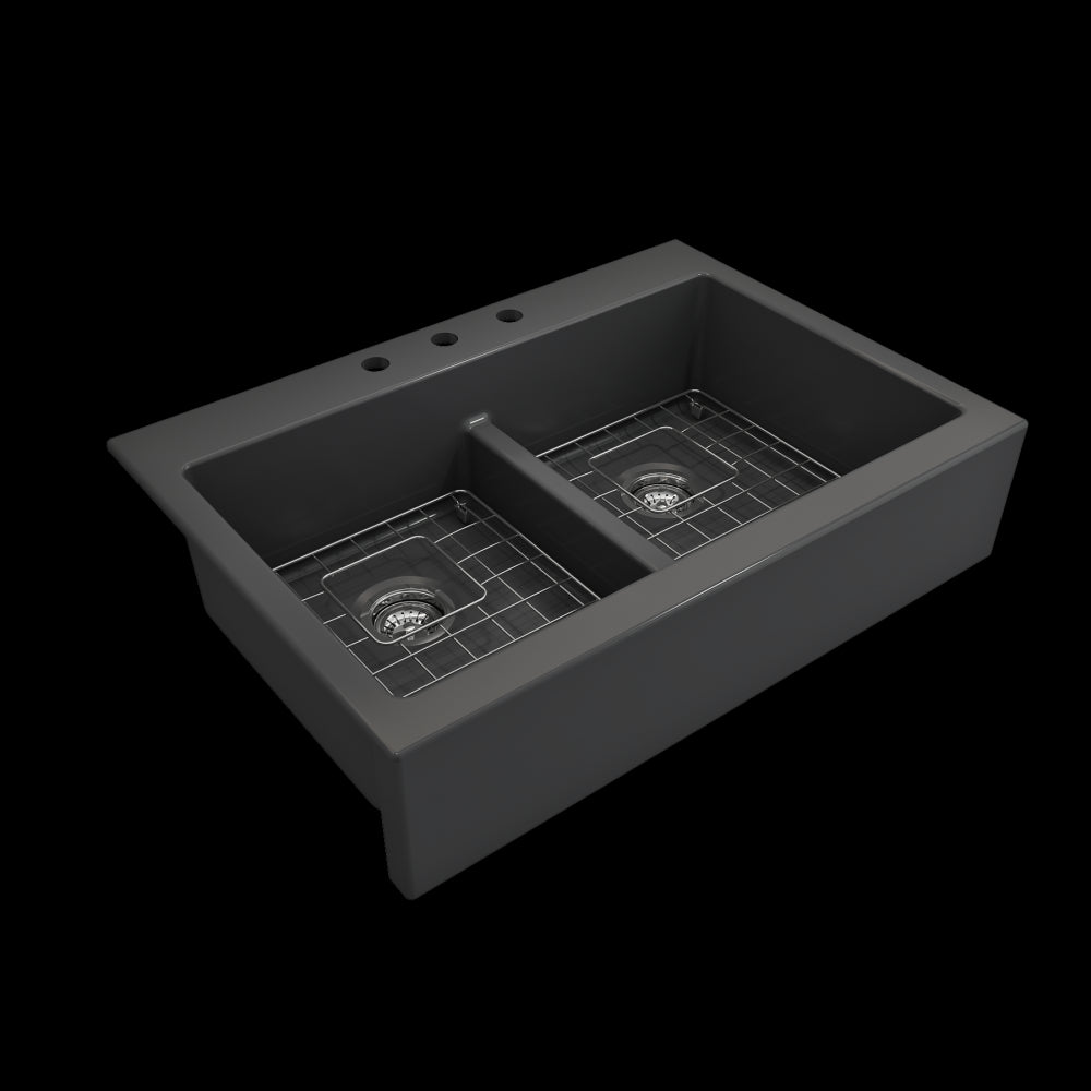 Front Drop-In Fireclay 34 in. 50/50 Double Bowl Kitchen Sink with Protective Bottom Grids and Strainers in Matte Dark Gray