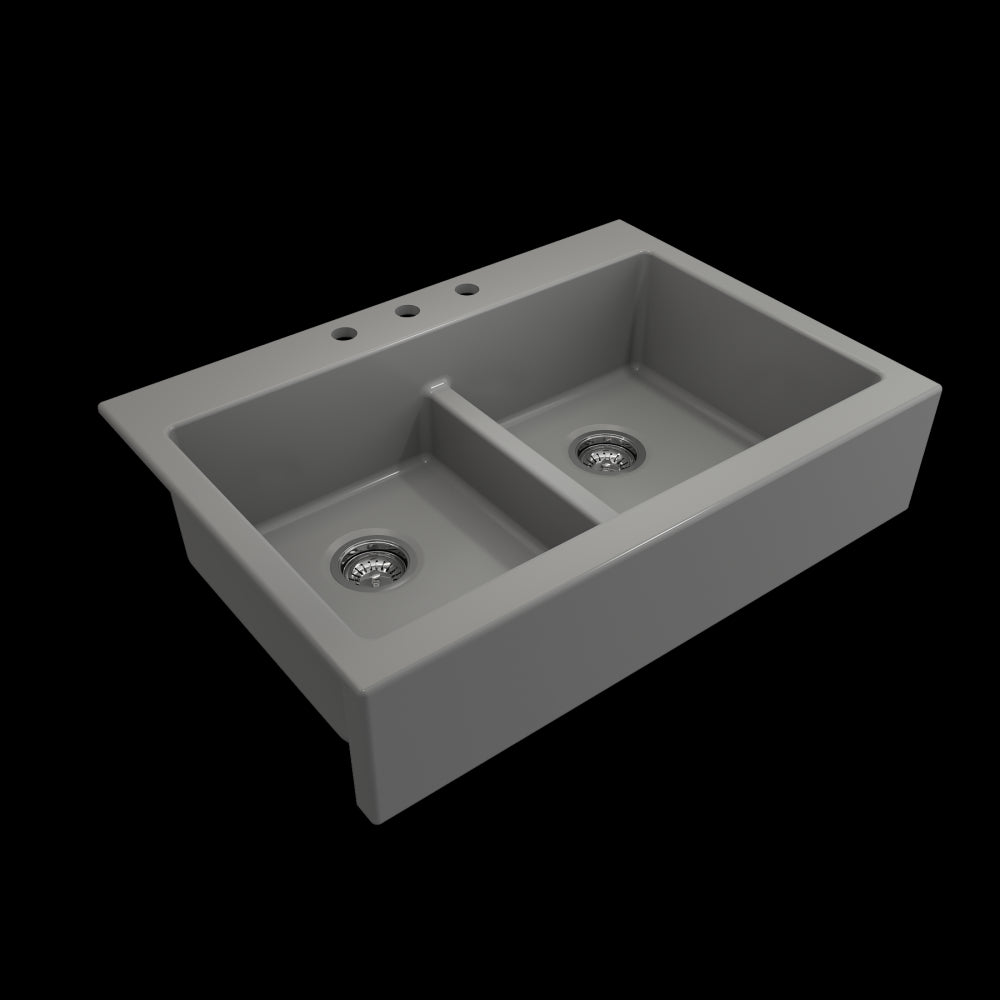 Front Drop-In Fireclay 34 in. 50/50 Double Bowl Kitchen Sink with Protective Bottom Grids and Strainers in Matte Gray