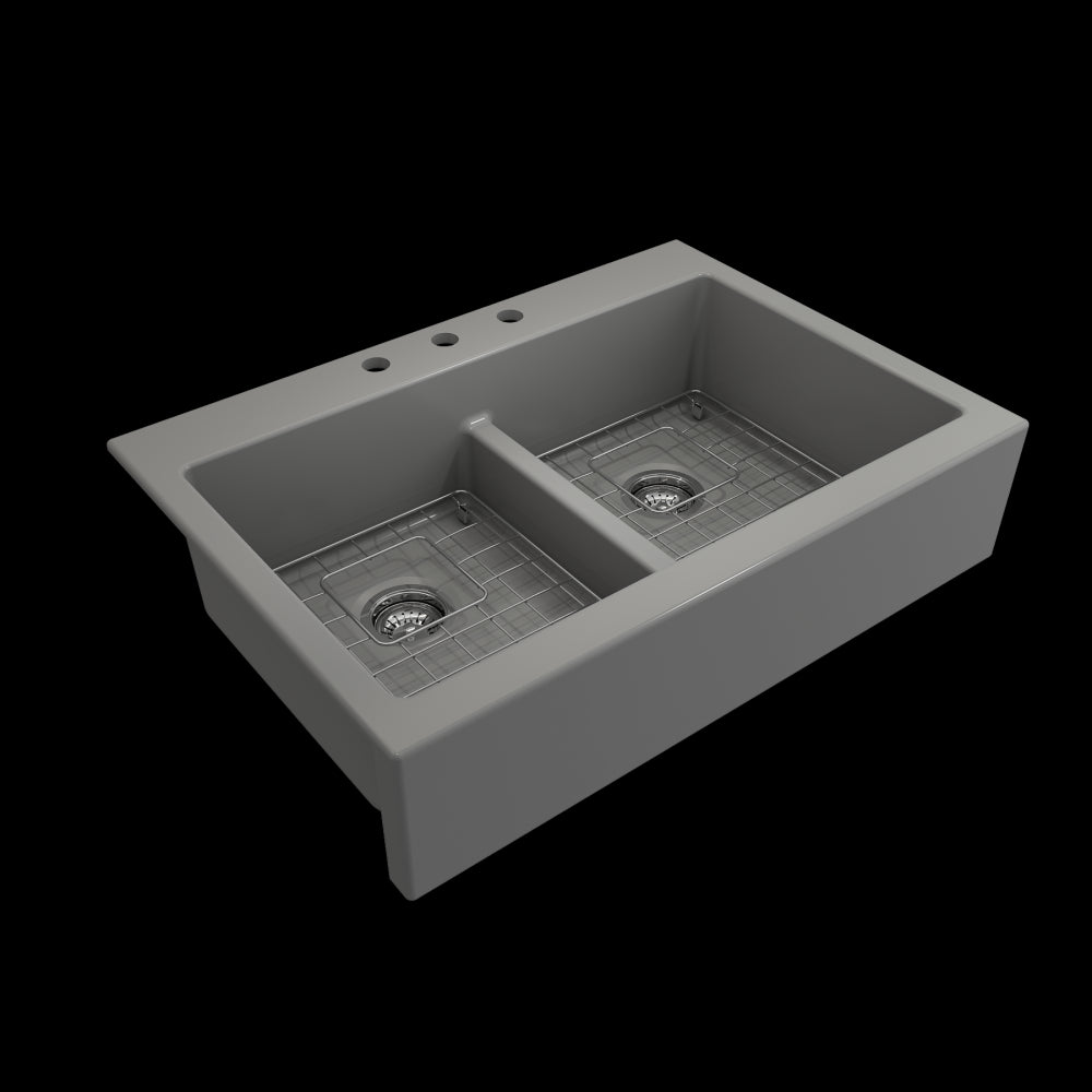 Front Drop-In Fireclay 34 in. 50/50 Double Bowl Kitchen Sink with Protective Bottom Grids and Strainers in Matte Gray